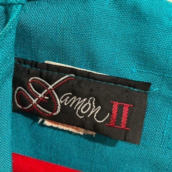 Vintage 80s Teal Dress Secretary Retro Linen Double Breasted Sheath Knee Length - Picture 11 of 13